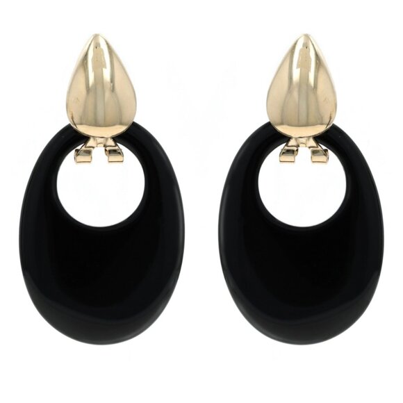 Yellow Gold Onyx Convertible Dangle Earrings 14k Door Knocker - Picture 1 of 6